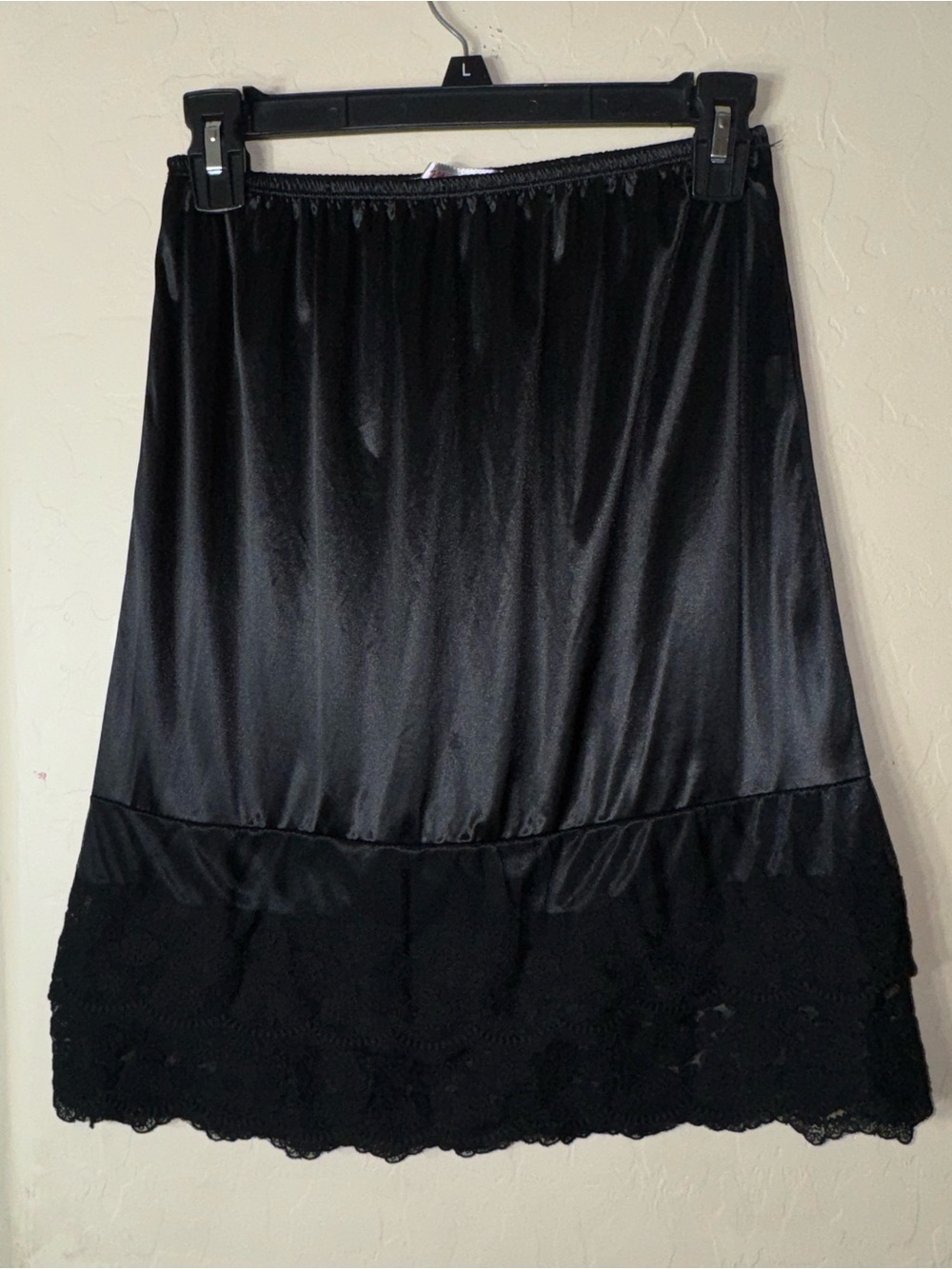 Melody Vintage Black Satin Half Slip Skirt Floral Lace Hem Elastic Waist S Kore